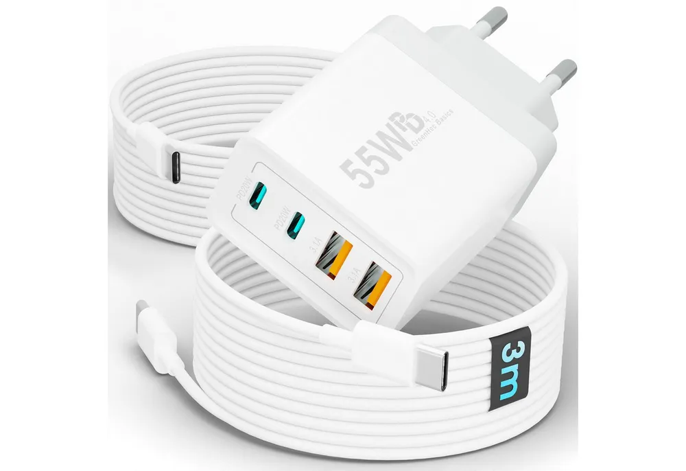 GreenHec Ladegerät USB-C iPhone mehrfach Charger Handy Stecker Adapter Netzteil Schnelllade-Gerät (0,00 mA, set, 55w Quatro Charger, iPhone 17 16 15 14 13 12 iPad, Schnell, 55w Multiport, Kabel, 2er Pack)