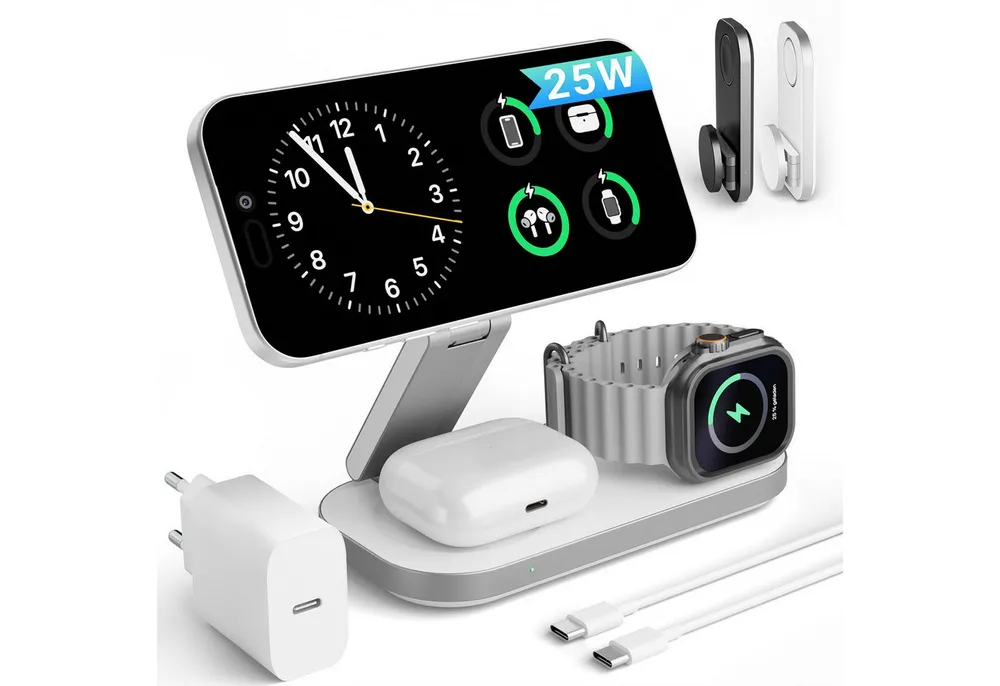 GreenHec Ladestation 25w Apple Watch iPhone 17 16 3in1 MagSafe Wireless Charger Wireless Charger (3000 mA, Spar-Set, 3in1 PowerBase + USB-C Kabel + 35w Ladegerät, Pro Max Air Plus Charging Station Kabelloses Induktionsladegerät Fast)