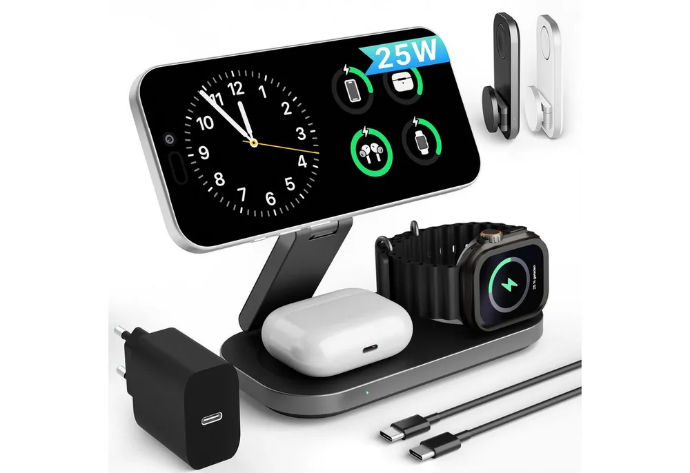 GreenHec Ladestation 25w Apple Watch iPhone 17 16 3in1 MagSafe Wireless Charger Wireless Charger (3000 mA, Spar-Set, 3in1 PowerBase + USB-C Kabel + 35w Ladegerät, Pro Max Air Plus Charging Station Kabelloses Induktionsladegerät Fast)