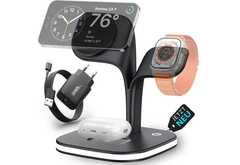 GreenHec Ladestation 3in1 MagSafe Ladegerät Kabellos Induktiv Charger Stand Wireless Charger (3 mA, Spar-Set, 3in1 PowerBase + USB-C Kabel + 20w Dual Charger, iPhone 17 16 15 14 13 12 Pro Max Air, Airpods, Apple Watch Wireless)