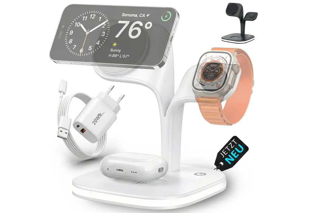 GreenHec Ladestation 3in1 MagSafe Ladegerät Kabellos Induktiv Charger Stand Wireless Charger (3 mA, Spar-Set, 3in1 PowerBase + USB-C Kabel + 20w Dual Charger, iPhone 17 16 15 14 13 12 Pro Max Air, Airpods, Apple Watch Wireless)