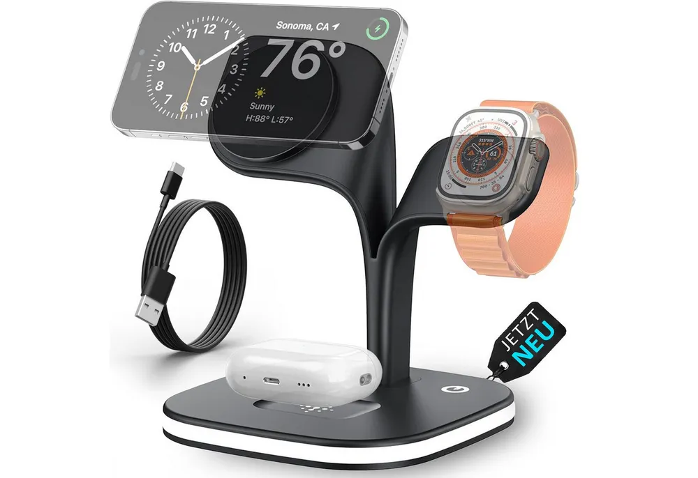 GreenHec Ladestation 3in1 MagSafe Ladegerät Kabellos Induktiv Charger Stand Wireless Charger (3 mA, Spar-Set, 3in1 PowerBase + USB-C Kabel + 20w Dual Charger, iPhone 17 16 15 14 13 12 Pro Max Air, Airpods, Apple Watch Wireless)