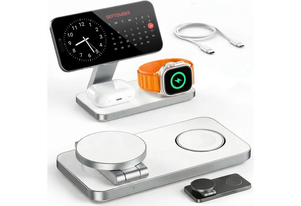 GreenHec Ladestation Apple Watch iPhone 3in1 MagSafe Ladegerät Wireless Charger Wireless Charger (3000 mA, Spar-Set, 3in1 PowerBase + USB-C Kabel + 20w Dual Charger, 17 16 15 14 13 12 Pro Max Air Charging Station Induktionsladegerät)