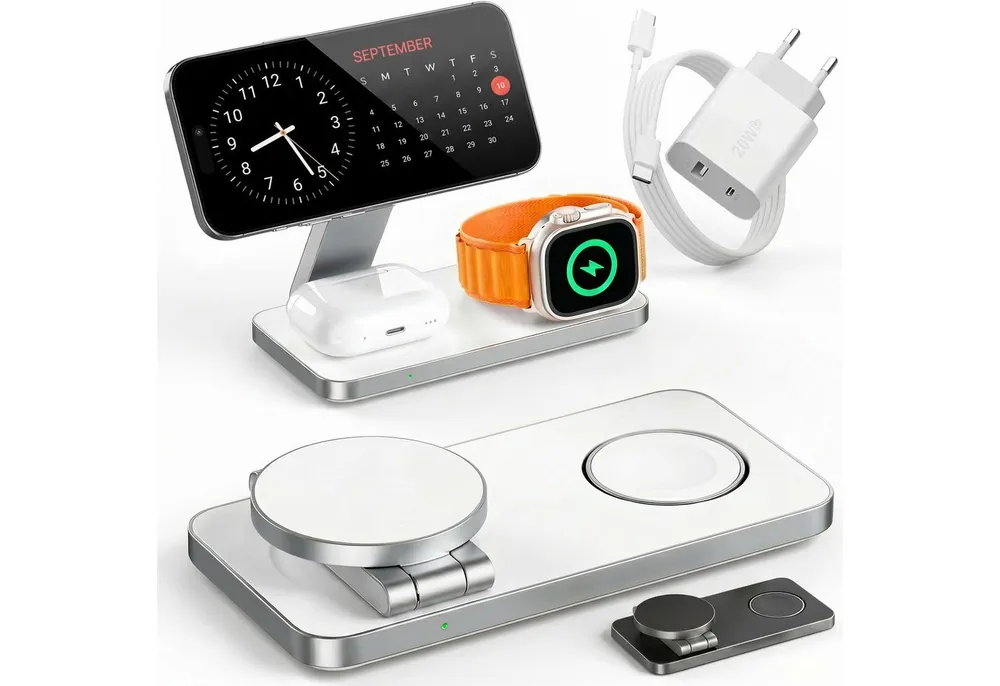 GreenHec Ladestation Apple Watch iPhone 3in1 MagSafe Ladegerät Wireless Charger Wireless Charger (3000 mA, Spar-Set, 3in1 PowerBase + USB-C Kabel + 20w Dual Charger, 17 16 15 14 13 12 Pro Max Air Charging Station Induktionsladegerät)