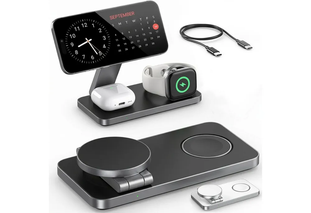 GreenHec Ladestation Apple Watch iPhone 3in1 MagSafe Ladegerät Wireless Charger Wireless Charger (3000 mA, Spar-Set, 3in1 PowerBase + USB-C Kabel + 20w Dual Charger, 17 16 15 14 13 12 Pro Max Air Charging Station Induktionsladegerät)