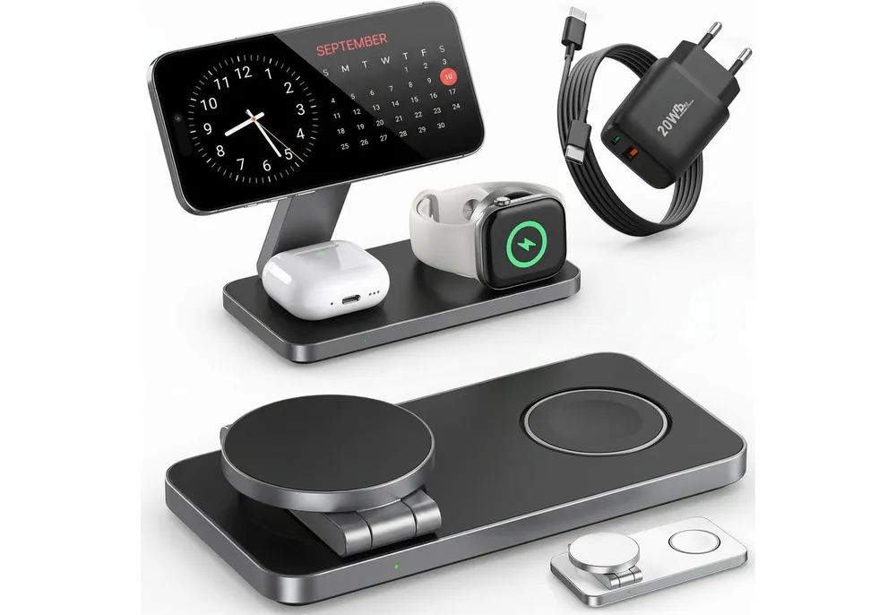 GreenHec Ladestation Apple Watch iPhone 3in1 MagSafe Ladegerät Wireless Charger Wireless Charger (3000 mA, Spar-Set, 3in1 PowerBase + USB-C Kabel + 20w Dual Charger, 17 16 15 14 13 12 Pro Max Air Charging Station Induktionsladegerät)