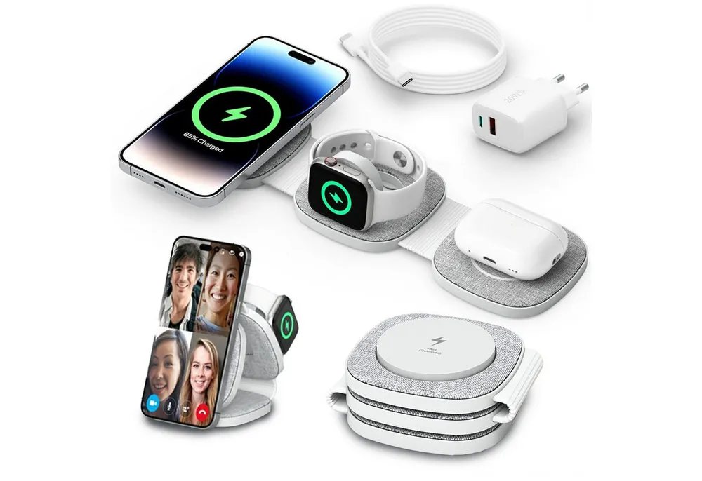 GreenHec Ladestation iPhone Apple Watch Foldable 3in1 Induktiv MagSafe Wireless Wireless Charger (3000 mA, Spar-Set, 3in1 PowerBase + USB-C Kabel + 20w Dual Charger, Charger 17 16 15 14 13 12 Pro Max Air Plus Station Induktionsladegerät)