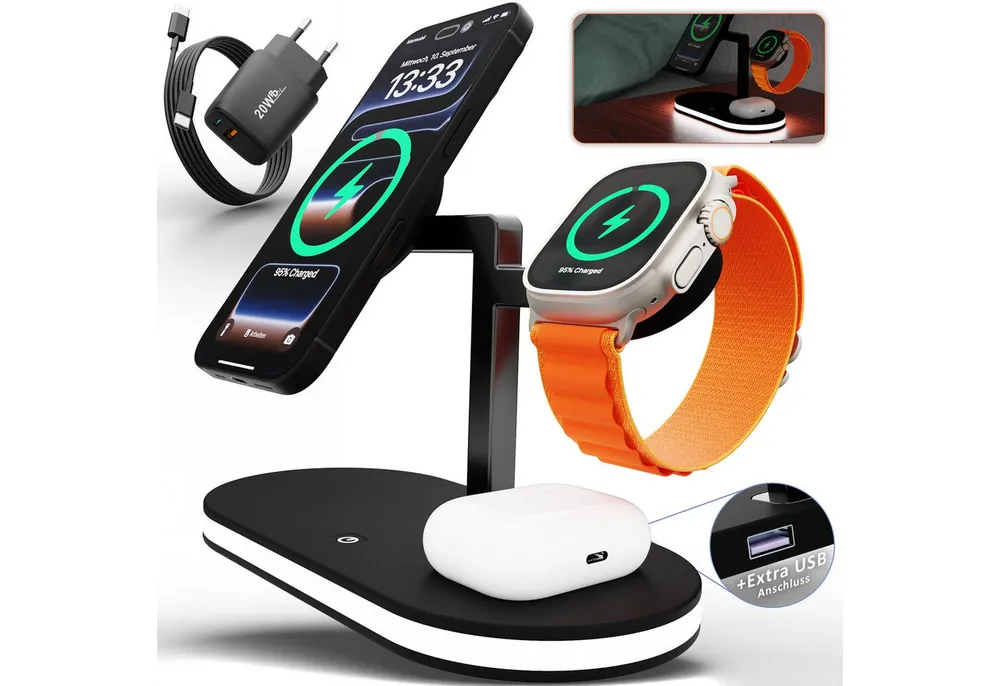 GreenHec Ladestation iPhone Apple Watch Induktiv LED-Licht Wireless MagSafe für Wireless Charger (3000 mA, Spar-Set, 3in1 PowerBase + USB-C Kabel + 20w Dual Charger, iPhone 17 16 15 14 13 12 Pro Max Air Plus Charger Induktionsladegerät)