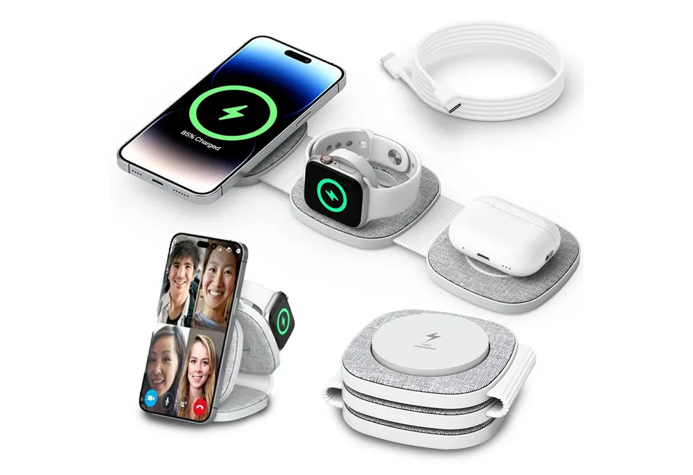 GreenHec Ladestation iPhone Apple Watch Foldable 3in1 Induktiv MagSafe Wireless Wireless Charger (3000 mA, Spar-Set, 3in1 PowerBase + USB-C Kabel + 20w Dual Charger, Charger 17 16 15 14 13 12 Pro Max Air Plus Station Induktionsladegerät)