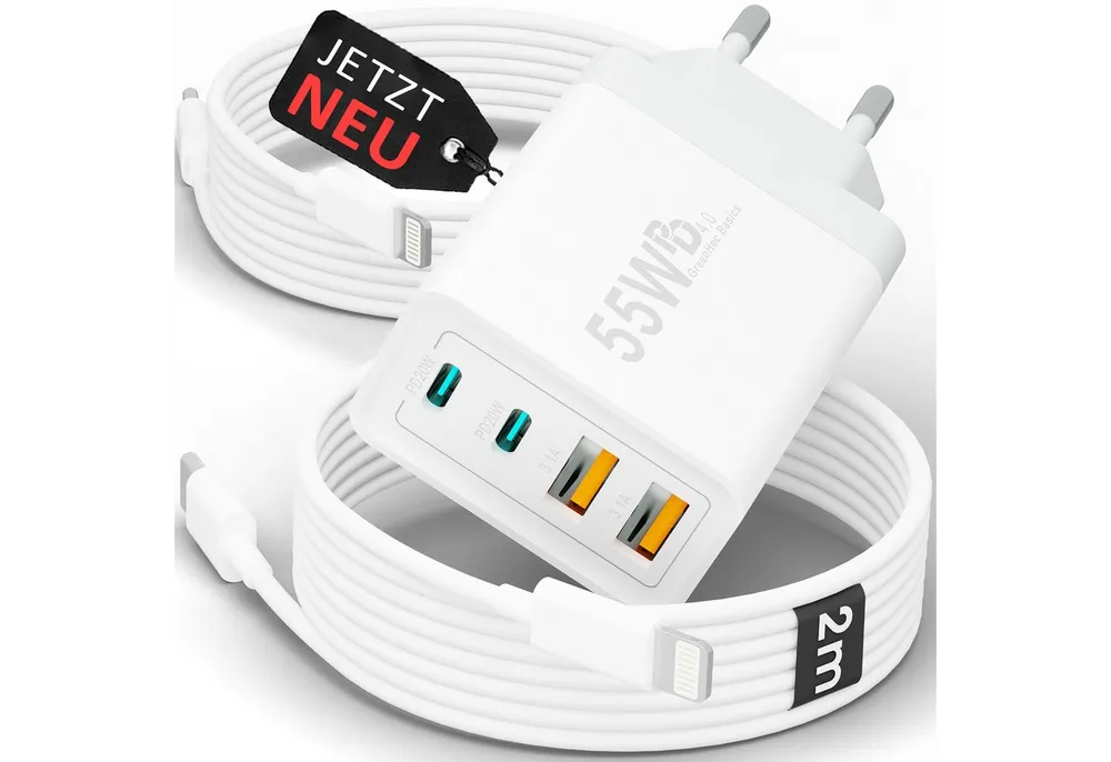 GreenHec Schnellladegerät USB-C iPhone mehrfach Handy Netzteil Adapter + Kabel Schnelllade-Gerät (50 mA, Spar-Set, 55w Quatro Charger + Lighting Kabel, iPhone 14 13 12 11 X XS XR SE Pro Max Air, 4 Multi Port 1m 2m 3m Laden)