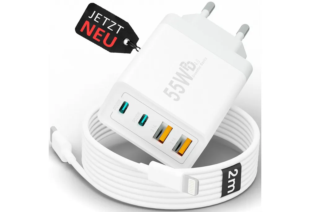 GreenHec Schnellladegerät USB-C iPhone mehrfach Handy Netzteil Adapter + Kabel Schnelllade-Gerät (50 mA, Spar-Set, 55w Quatro Charger + Lighting Kabel, iPhone 14 13 12 11 X XS XR SE Pro Max Air, 4 Multi Port 1m 2m 3m Laden)