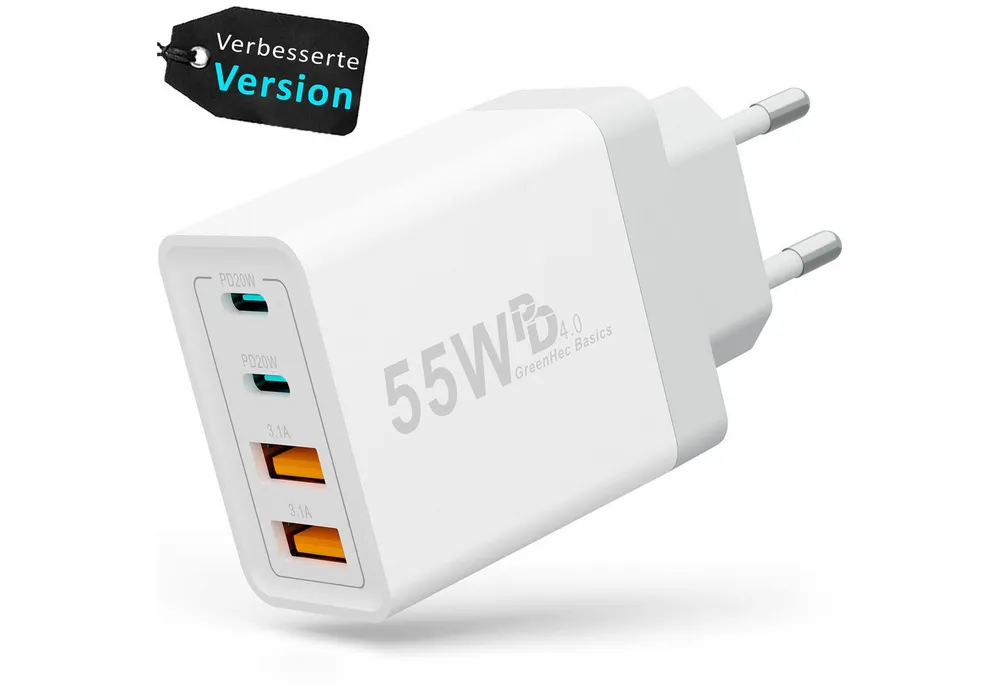 GreenHec Schnellladegerät USB-C iPhone mehrfach Handy Stecker Adapter mit Kabel USB-Ladegerät (0,00 mA, Spar-Set, 55w Quarto Charger + 1m USB-C Kabel, iPhone 17 16 15 14 13 12 iPad Pro Max Air Netzteil + 1m Ladekabel Fast)