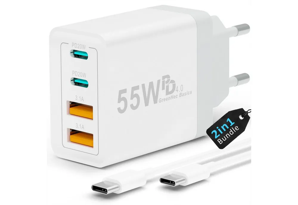 GreenHec Schnellladegerät USB-C iPhone mehrfach Handy Stecker Adapter mit Kabel USB-Ladegerät (0,00 mA, Spar-Set, 55w Quarto Charger + 1m USB-C Kabel, iPhone 17 16 15 14 13 12 iPad Pro Max Air Netzteil + 1m Ladekabel Fast)