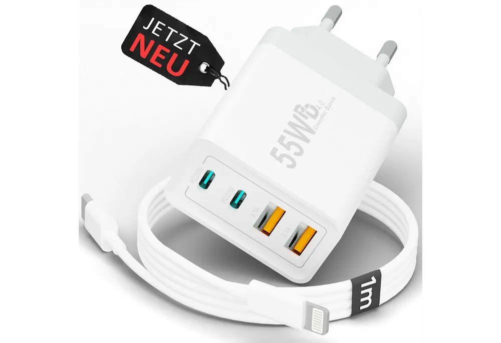 GreenHec Schnellladegerät USB-C iPhone mehrfach Handy Netzteil Adapter + Kabel Schnelllade-Gerät (50 mA, Spar-Set, 55w Quatro Charger + Lighting Kabel, iPhone 14 13 12 11 X XS XR SE Pro Max Air, 4 Multi Port 1m 2m 3m Laden)