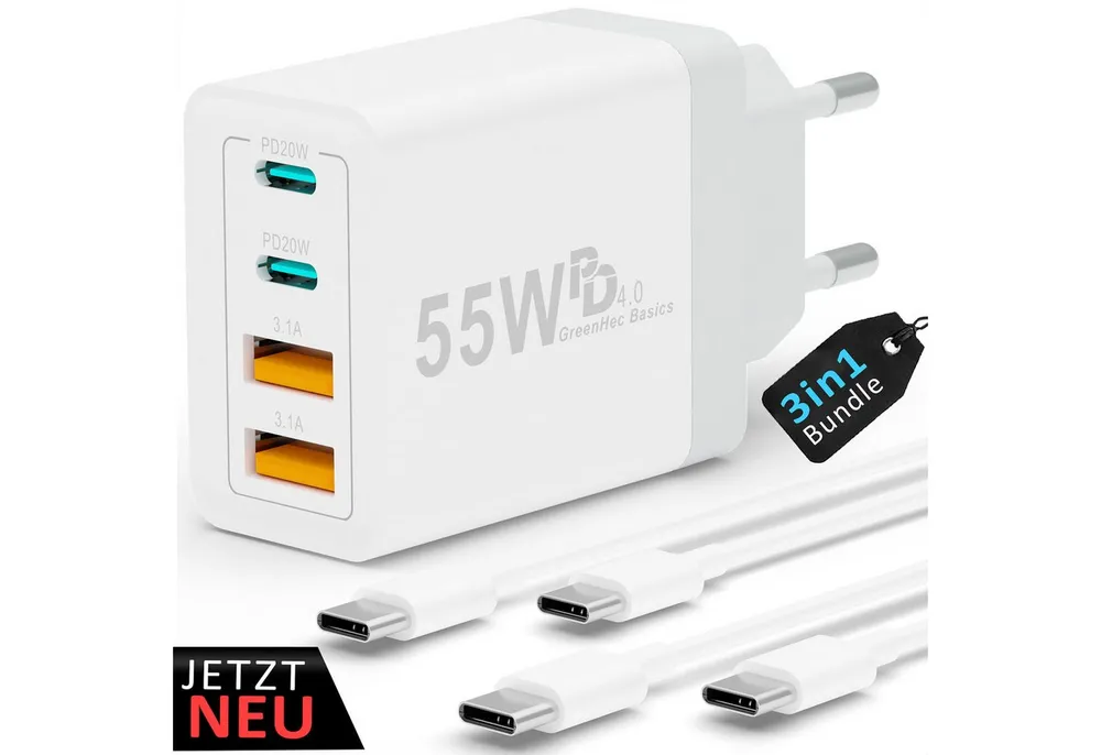 GreenHec Schnellladegerät USB-C iPhone mehrfach Handy Stecker Adapter mit Kabel USB-Ladegerät (0,00 mA, Spar-Set, 55w Quarto Charger + 1m USB-C Kabel, iPhone 17 16 15 14 13 12 iPad Pro Max Air Netzteil + 1m Ladekabel Fast)
