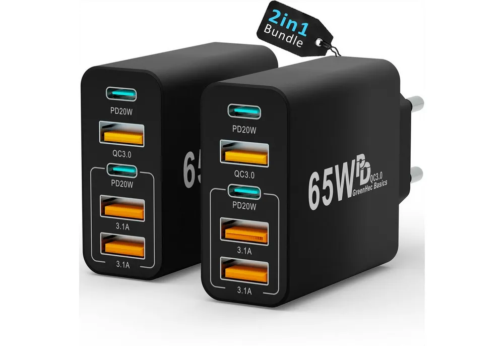 GreenHec Schnellladegerät USB C Ladegerät 65w Fast Charger Adapter 2x Schnelllade-Gerät (50 mA, Spar-Set, 65w Penta Charger 2er Pack, für Apple iPhone, Samsung, Xiaomi, Google Mehrfach Multi Netzteil)