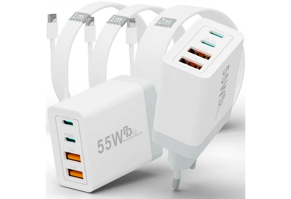 GreenHec Schnellladegerät + USB-C Ladekabel 2er Pack 2x Chargers Stecker Bundle Schnelllade-Gerät (0,00 mA, Spar-Set, 55w ChargeKit Pro, iPhone 17 16 15 14 13 12 Pro Max Air mehrfach Netzteile Samsung Google)