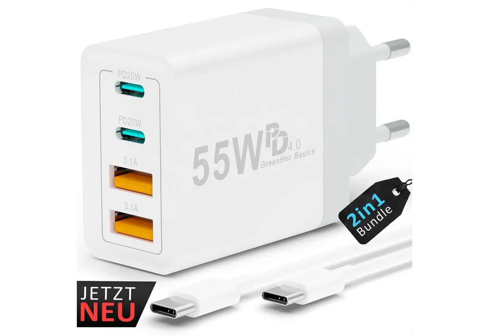 GreenHec USB-C Schnellladegerät iPhone 17 16 15 14 13 12 11 SE Charger Adapter Schnelllade-Gerät (0,00 mA, Spar-Set, 55w Quatro Charger + USB-C Kabel, Pro Max Air Netzteil Stecker Handy Phone Ladegerät Samsung mehrfach)