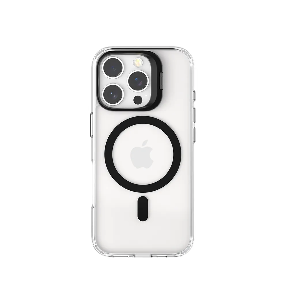 GUAN Case aus 10H Hartglas mit Kickstand für Apple iPhone 16 Plus, Transparent/Schwarz