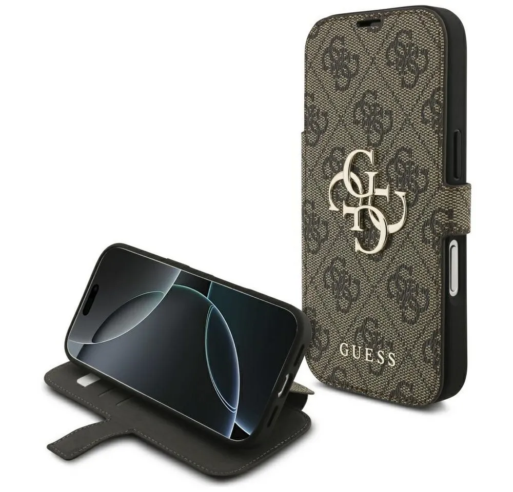 Guess Handyhülle Bookcase iPhone 17 Pro braun Logo goldfarben aufstellbar 6