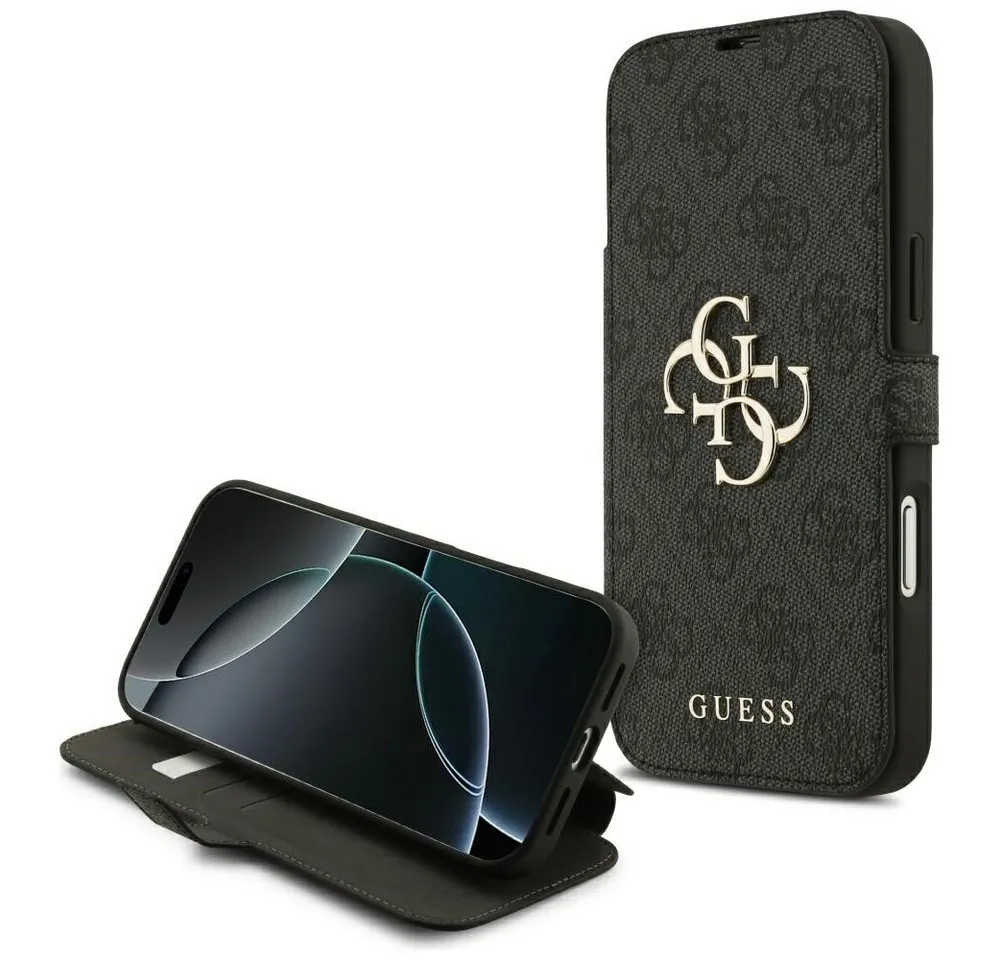 Guess Handyhülle Bookcase iPhone 17 Pro Max grau Logo goldfarben aufstellbar 6,9 Zoll, Kantenschutz