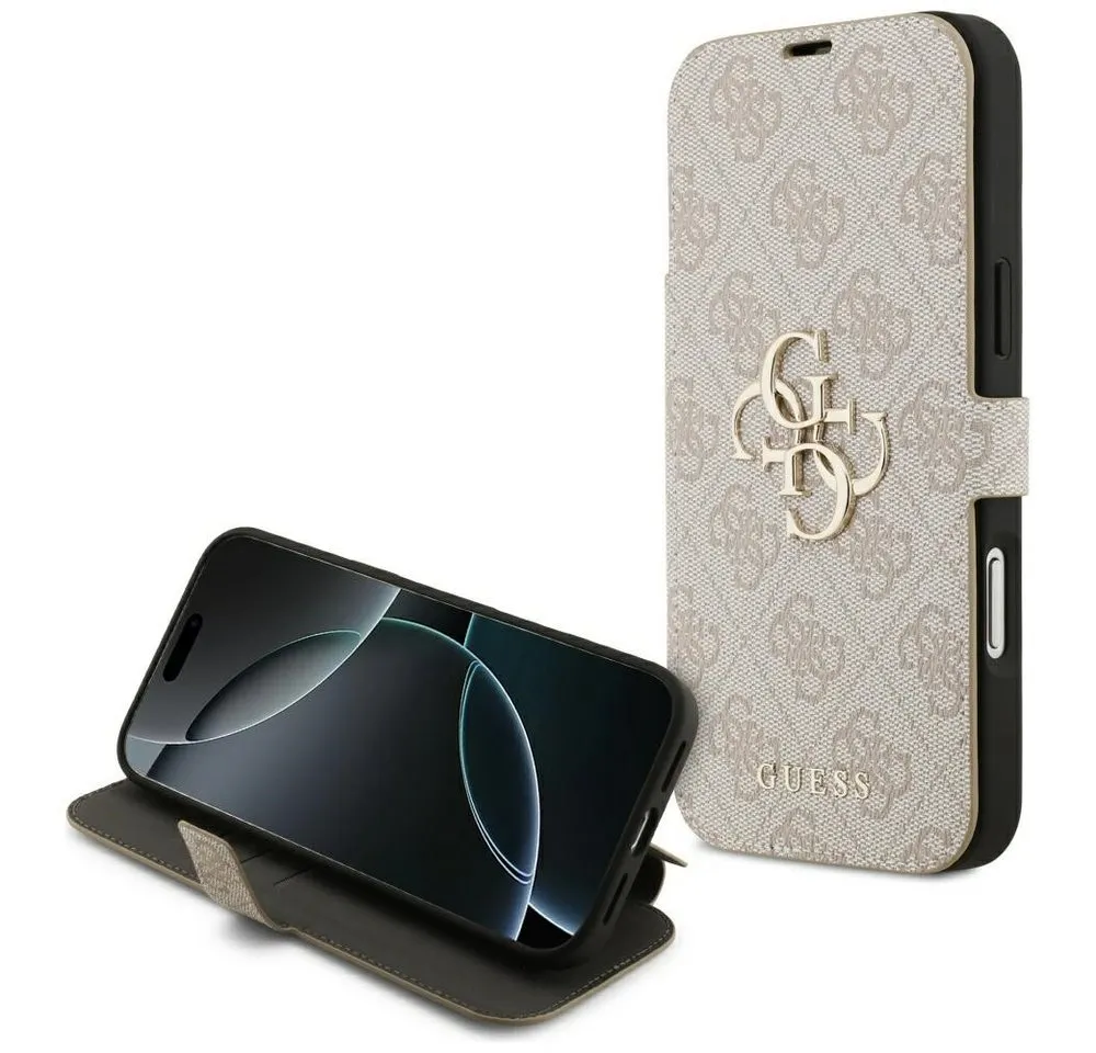 Guess Handyhülle Bookcase iPhone 17 Pro Max rosa Logo goldfarben aufstellbar 6,9 Zoll, Kantenschutz