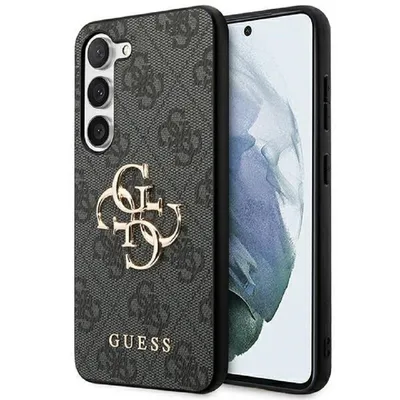 Guess Handyhülle Case Galaxy S24 grau Logo goldfarben Kunstleder 6,2 Zoll, Kantenschutz