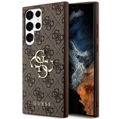 Guess Handyhülle Case Galaxy S24 Ultra braun Muster Big Logo goldfarben 6,8 Zoll, Kantenschutz