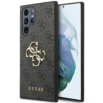 Guess Handyhülle Case Galaxy S24 Ultra grau Muster Big Logo goldfarben 6,8 Zoll, Kantenschutz