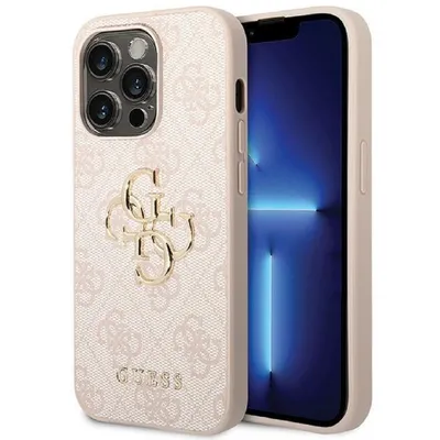 Guess Handyhülle Case iPhone 15 Pro Kunstleder rosa mit goldfarbenem Muster 6,1 Zoll, Kantenschutz