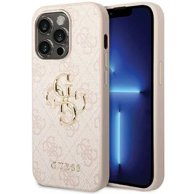 Guess Handyhülle Case iPhone 15 Pro Max Kunstleder rosa mit goldfarben Logo 6,7 Zoll, Kantenschutz