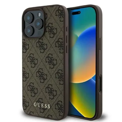 Guess Handyhülle Case iPhone 16 Pro Kunstleder braun mit goldfarbenen Logo 6,3 Zoll, Kantenschutz