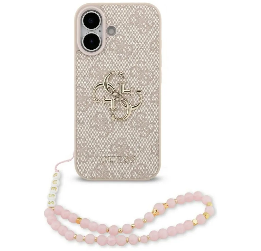 Guess Handyhülle Case iPhone 17 Kunstleder rosa Big Logo goldfarbig Kette 6,3 Zoll, Kantenschutz