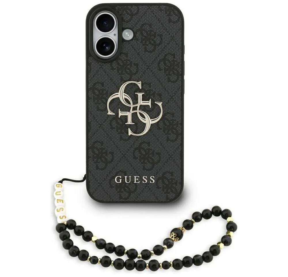 Guess Handyhülle Case iPhone 17 Kunstleder grau Big Logo goldfarbig Kette 6,3 Zoll, Kantenschutz