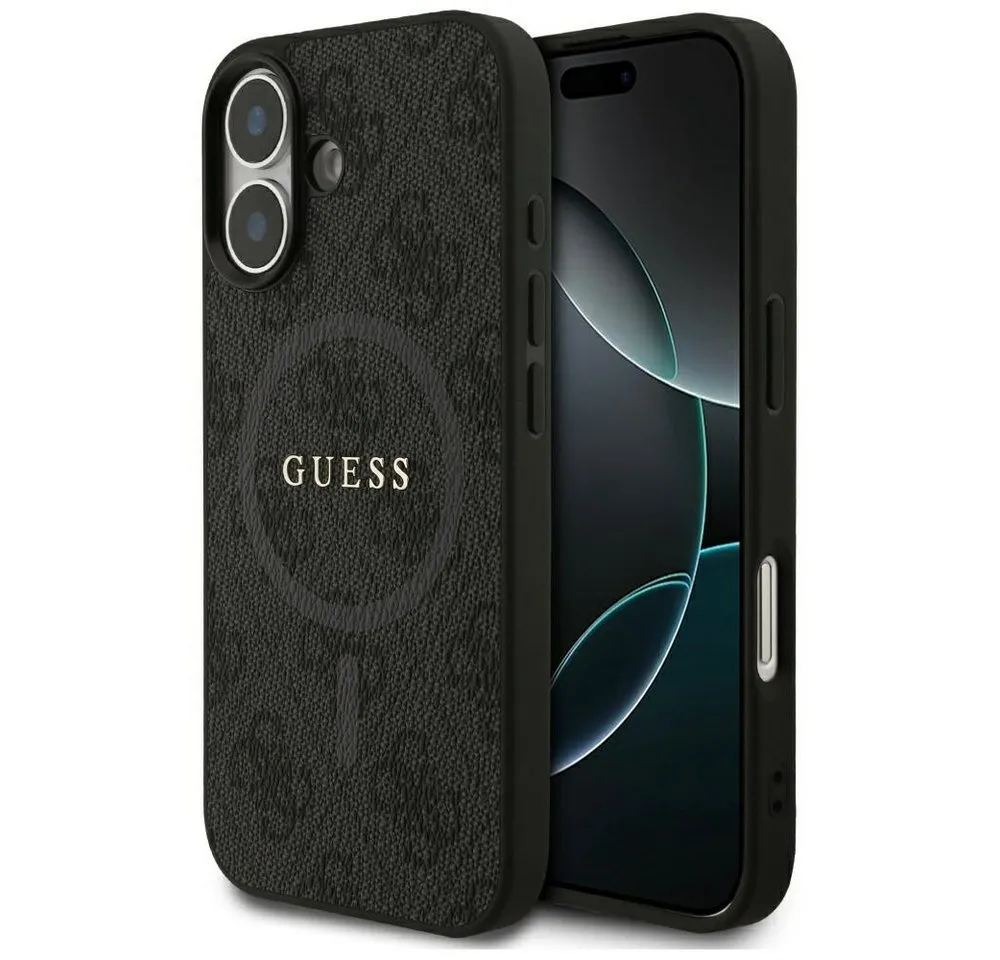 Guess Handyhülle Case iPhone 17 MagSafe Kunstleder grau Logo goldfarben 6,3 Zoll, Kantenschutz