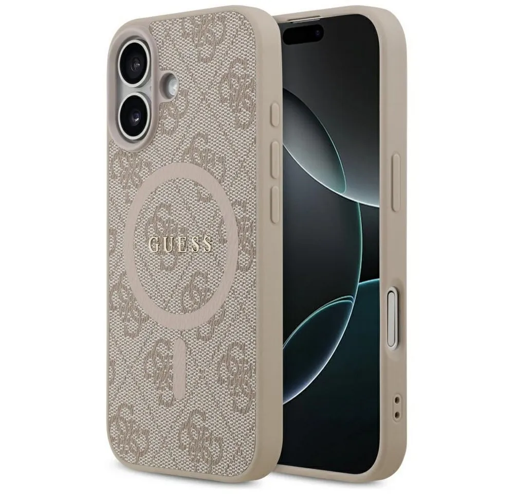 Guess Handyhülle Case iPhone 17 MagSafe Kunstleder rosa Logo goldfarben 6
