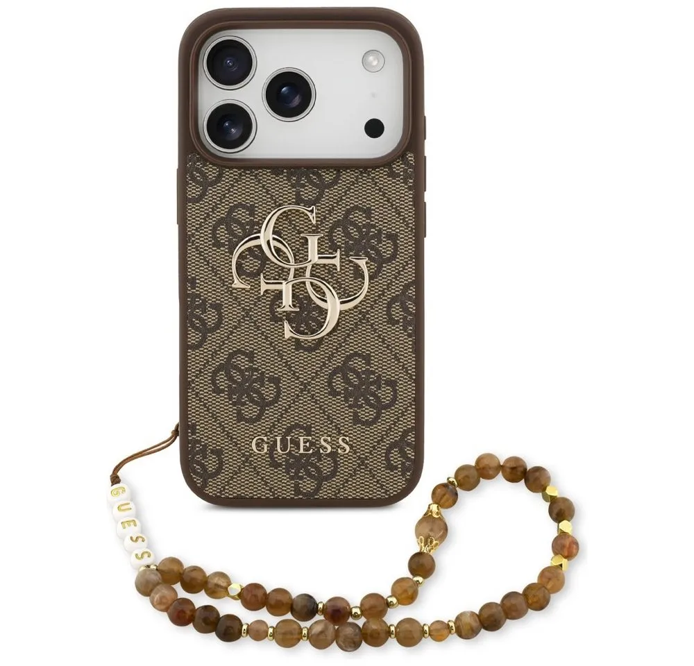 Guess Handyhülle Case iPhone 17 Pro Kunstleder braun Big Logo goldfarbig Kette 6
