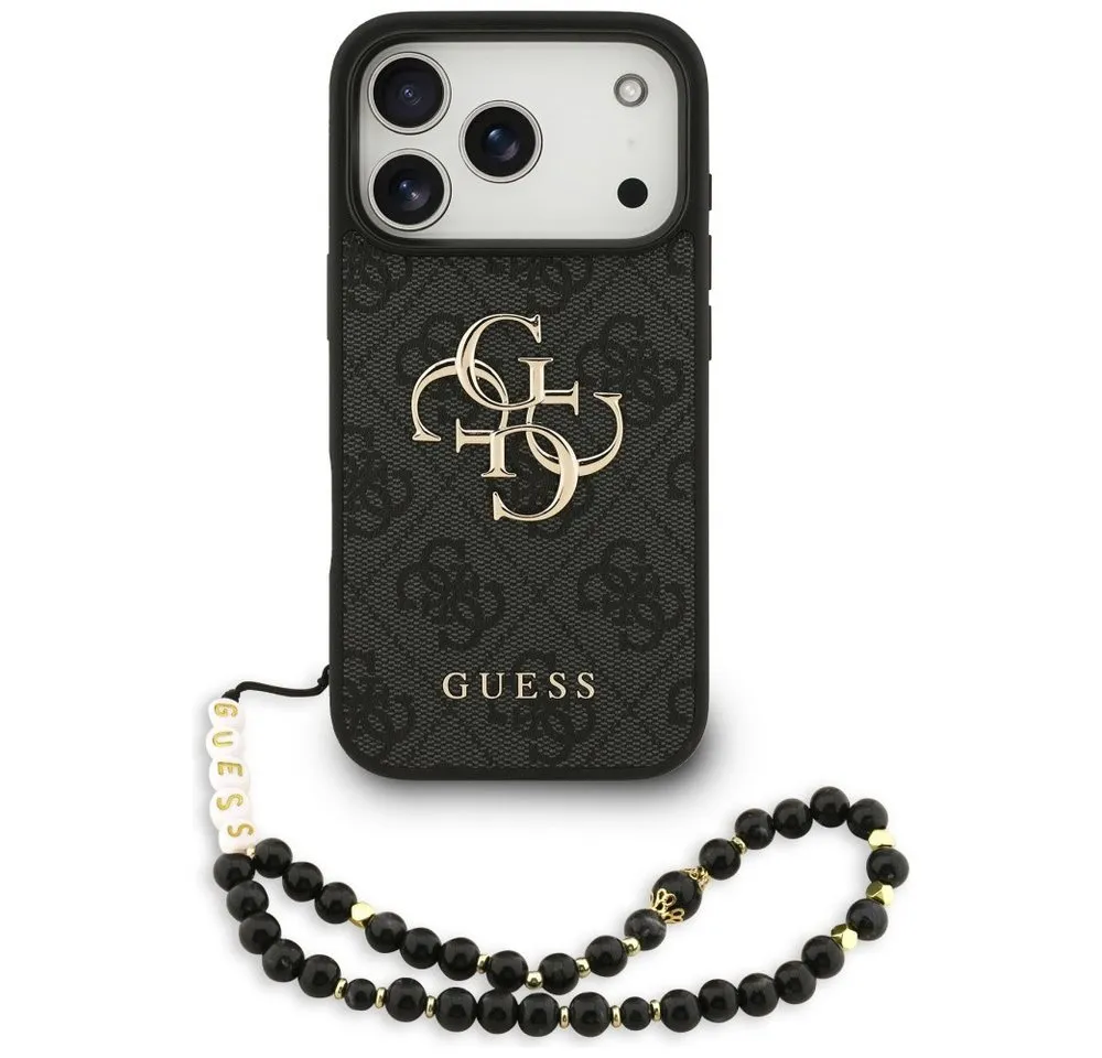 Guess Handyhülle Case iPhone 17 Pro Kunstleder grau Big Logo goldfarbig Kette 6,3 Zoll, Kantenschutz