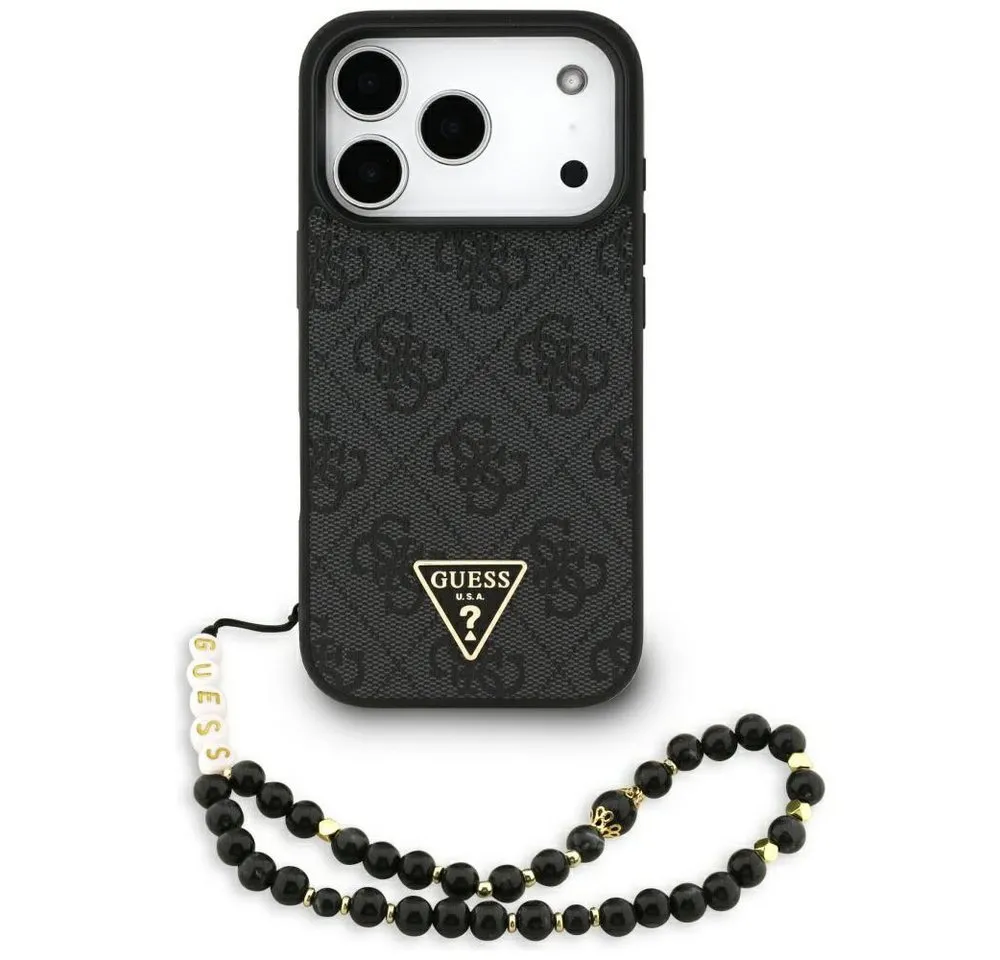 Guess Handyhülle Case iPhone 17 Pro MagSafe Kunstleder grau Logo Kette 6,3 Zoll, Kantenschutz