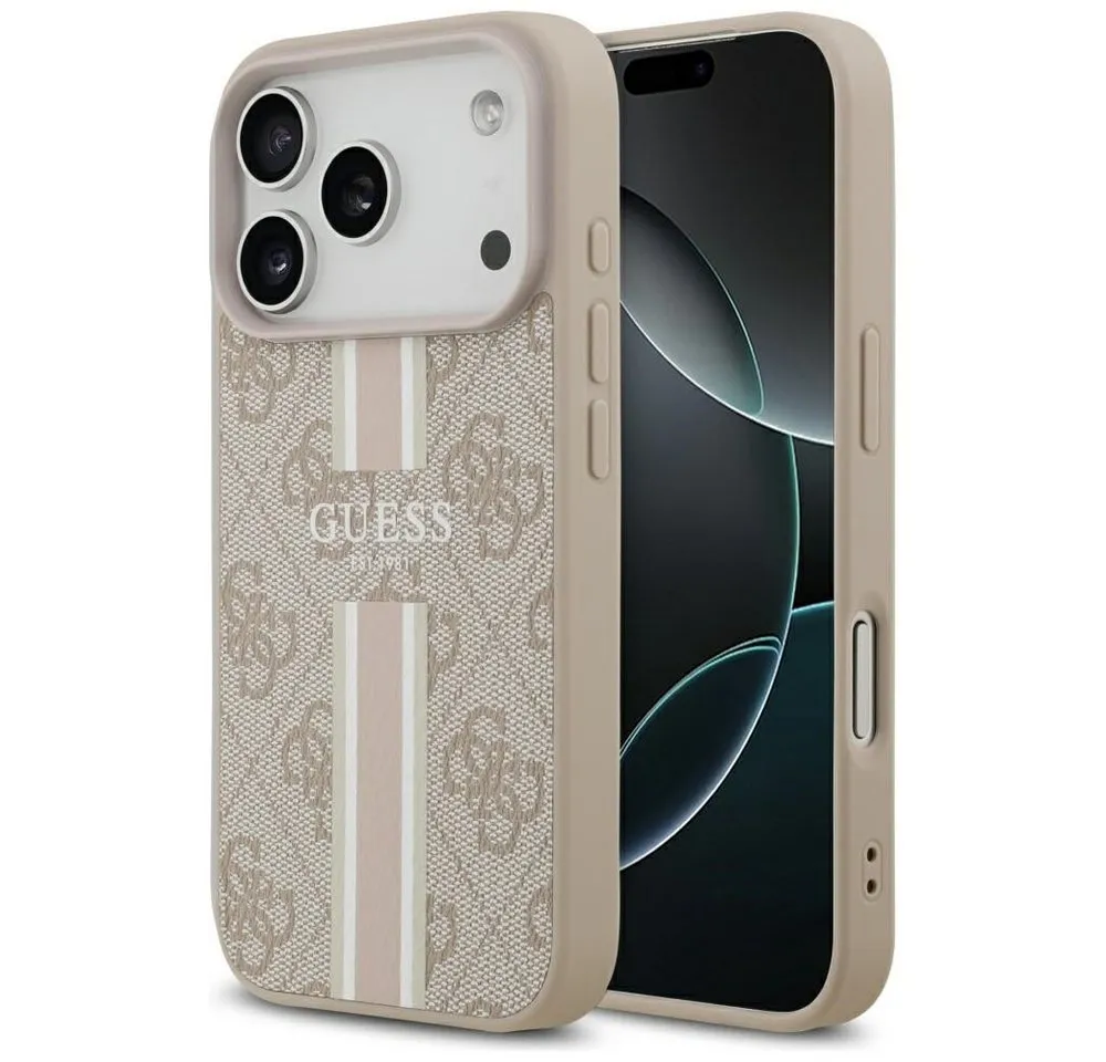 Guess Handyhülle Case iPhone 17 Pro MagSafe Kunstleder rosa Logo Streifen 6,3 Zoll, Kantenschutz