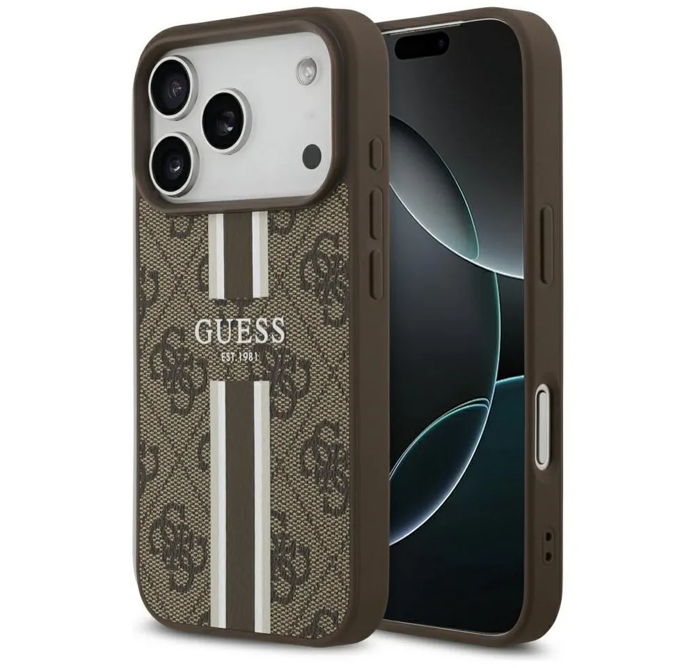 Guess Handyhülle Case iPhone 17 Pro MagSafe Kunstleder braun Logo Streifen 6,3 Zoll, Kantenschutz