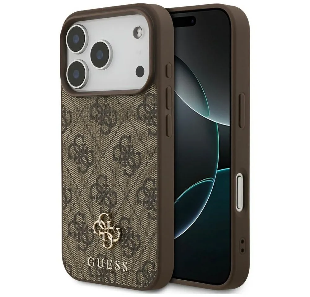 Guess Handyhülle Case iPhone 17 Pro MagSafe Kunstleder braun Logo goldfarben 6,3 Zoll, Kantenschutz