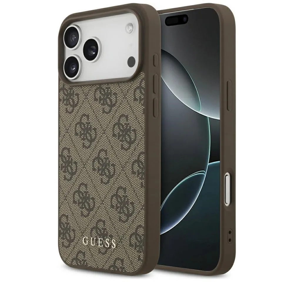Guess Handyhülle Case iPhone 17 Pro Max Classic Kunstleder braun Logo goldfarbig 6,9 Zoll, Kantenschutz
