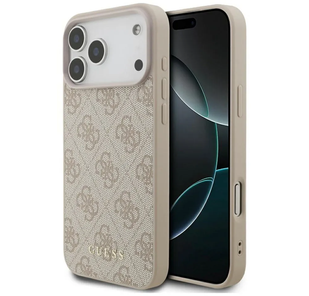 Guess Handyhülle Case iPhone 17 Pro Max Classic Kunstleder rosa Logo goldfarbig 6,9 Zoll, Kantenschutz