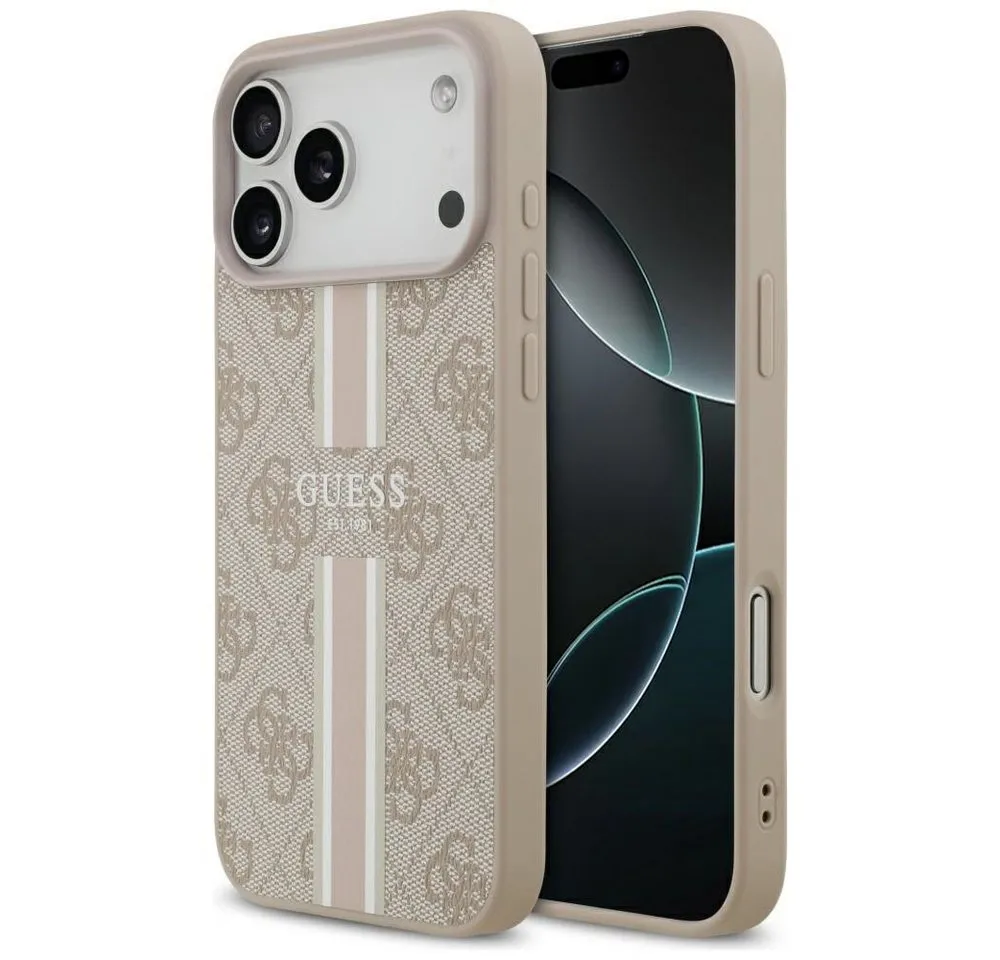 Guess Handyhülle Case iPhone 17 Pro Max MagSafe Kunstleder rosa Logo Streifen 6,9 Zoll, Kantenschutz