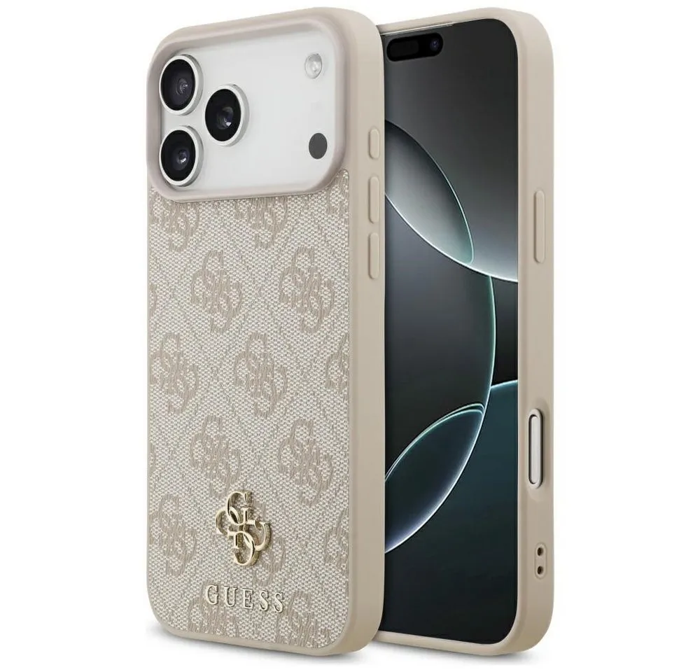 Guess Handyhülle Case iPhone 17 Pro Max MagSafe Kunstleder rosa Logo goldfarben 6,9 Zoll, Kantenschutz