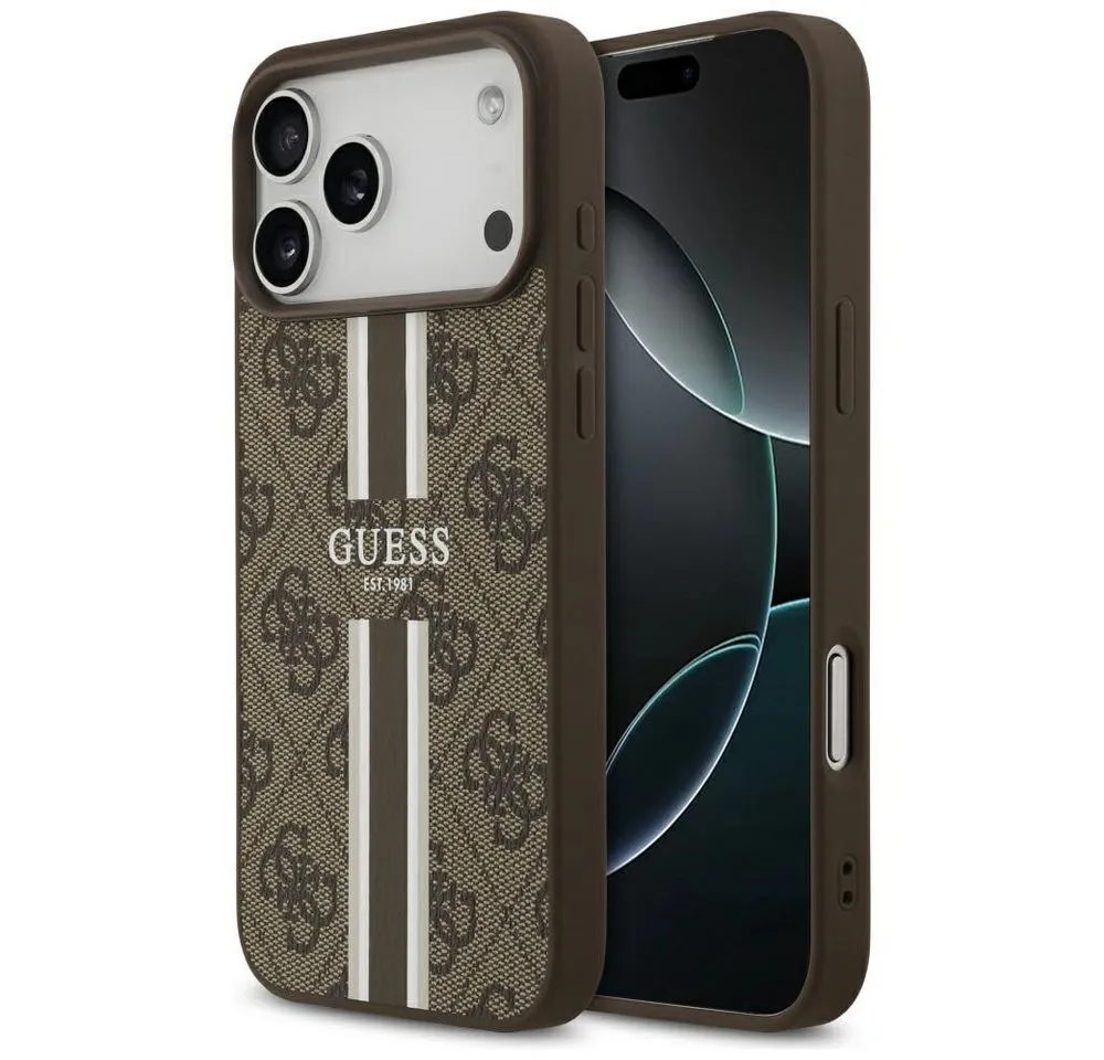 Guess Handyhülle Case iPhone 17 Pro Max MagSafe Kunstleder braun Logo Streifen 6