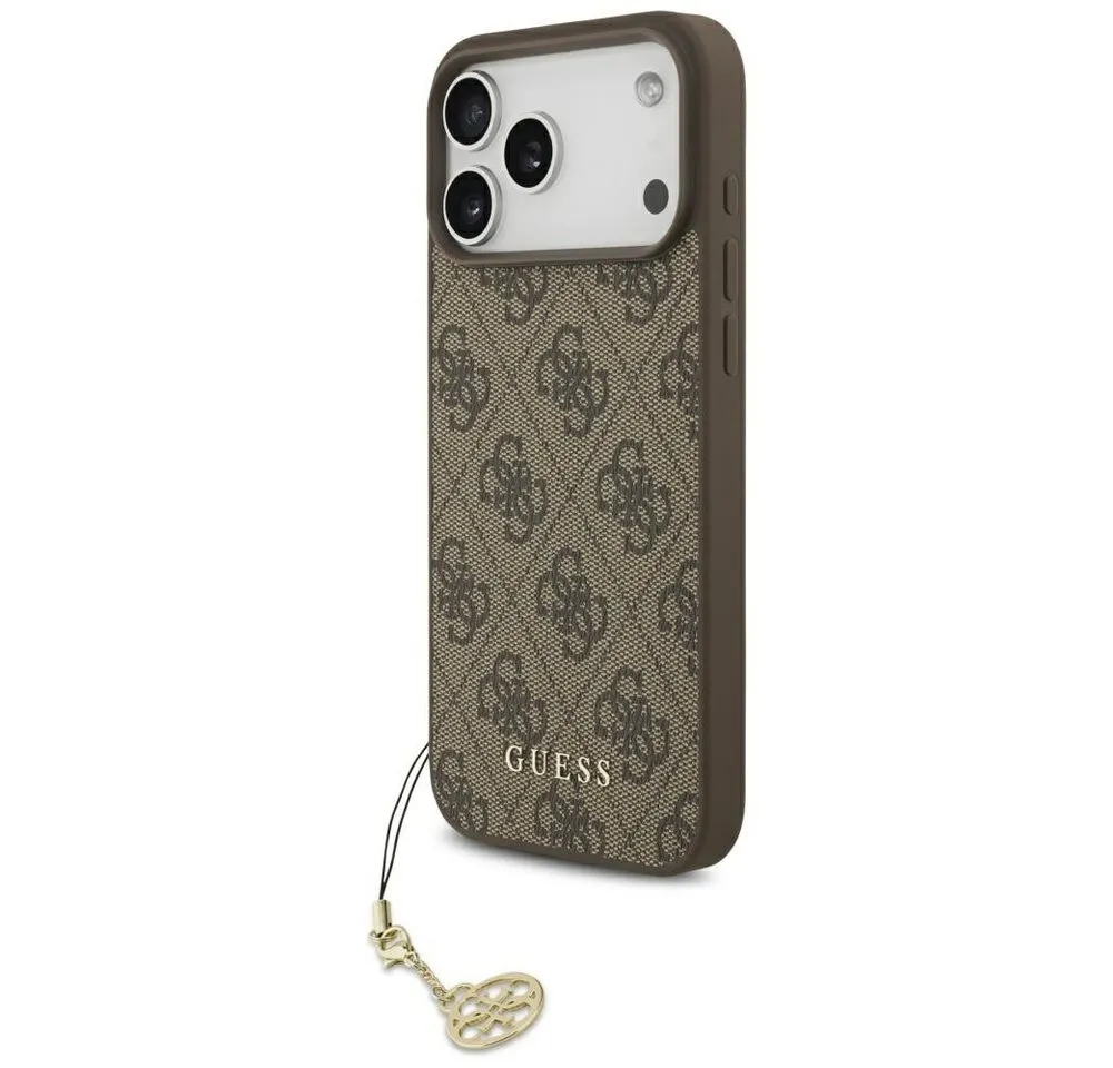 Guess Handyhülle Case iPhone 17 Pro Max MagSafe Kunstleder braun mit Kette goldfarbig 6,9 Zoll, Kantenschutz
