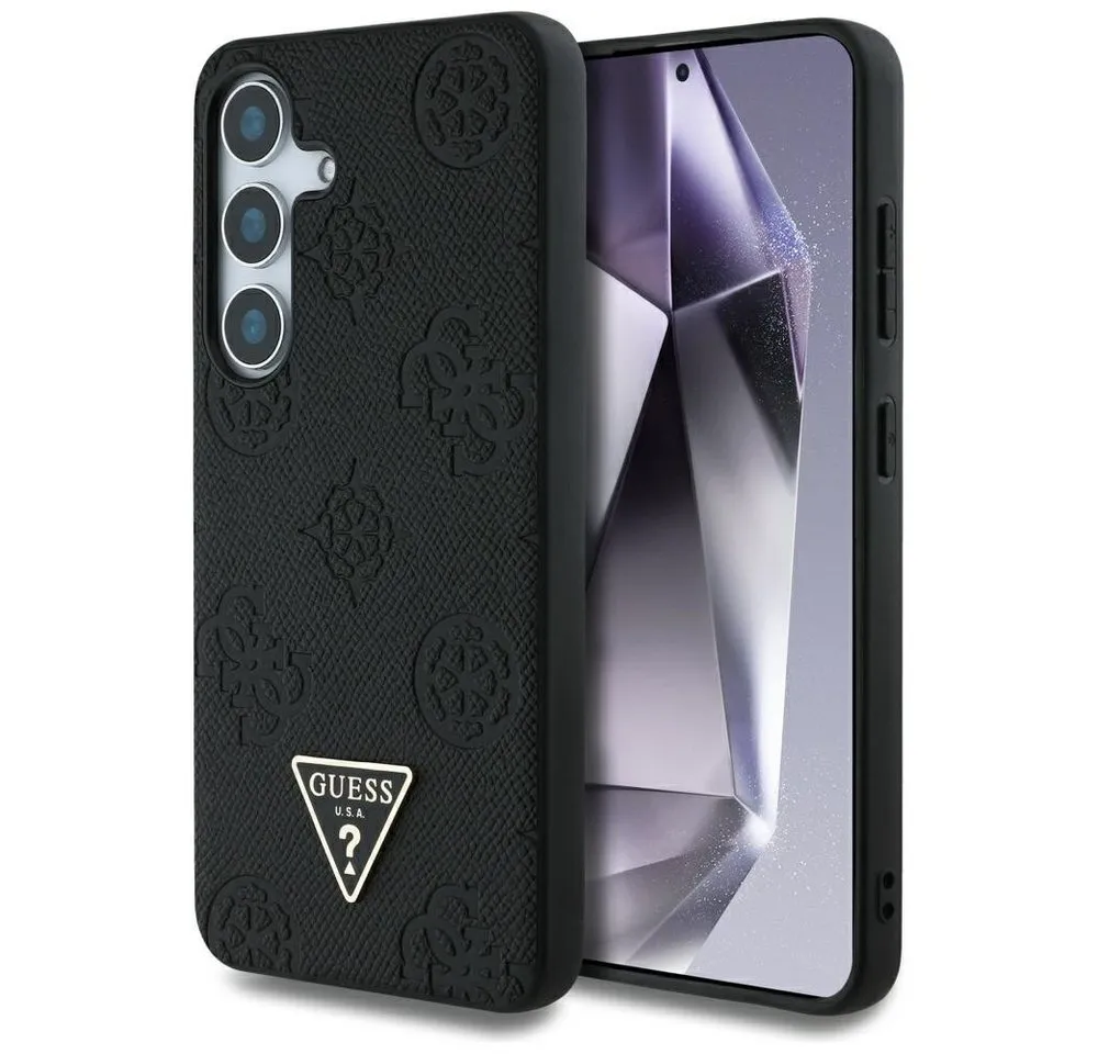 Guess Handyhülle Galaxy S25 Kunstleder schwarz MagSafe Logo Triangle goldfarben 6,2 Zoll, Kantenschutz