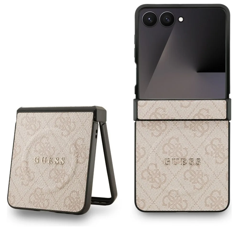 Guess Handyhülle Galaxy Z Flip7 MagSafe Muster Kunstleder rosa Logo goldfarben 6,9 Zoll, Kantenschutz